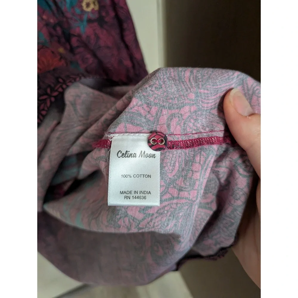 Celina Moon Floral Cotton Boho Belted Mini Dress Long Sleeve Burgundy Large